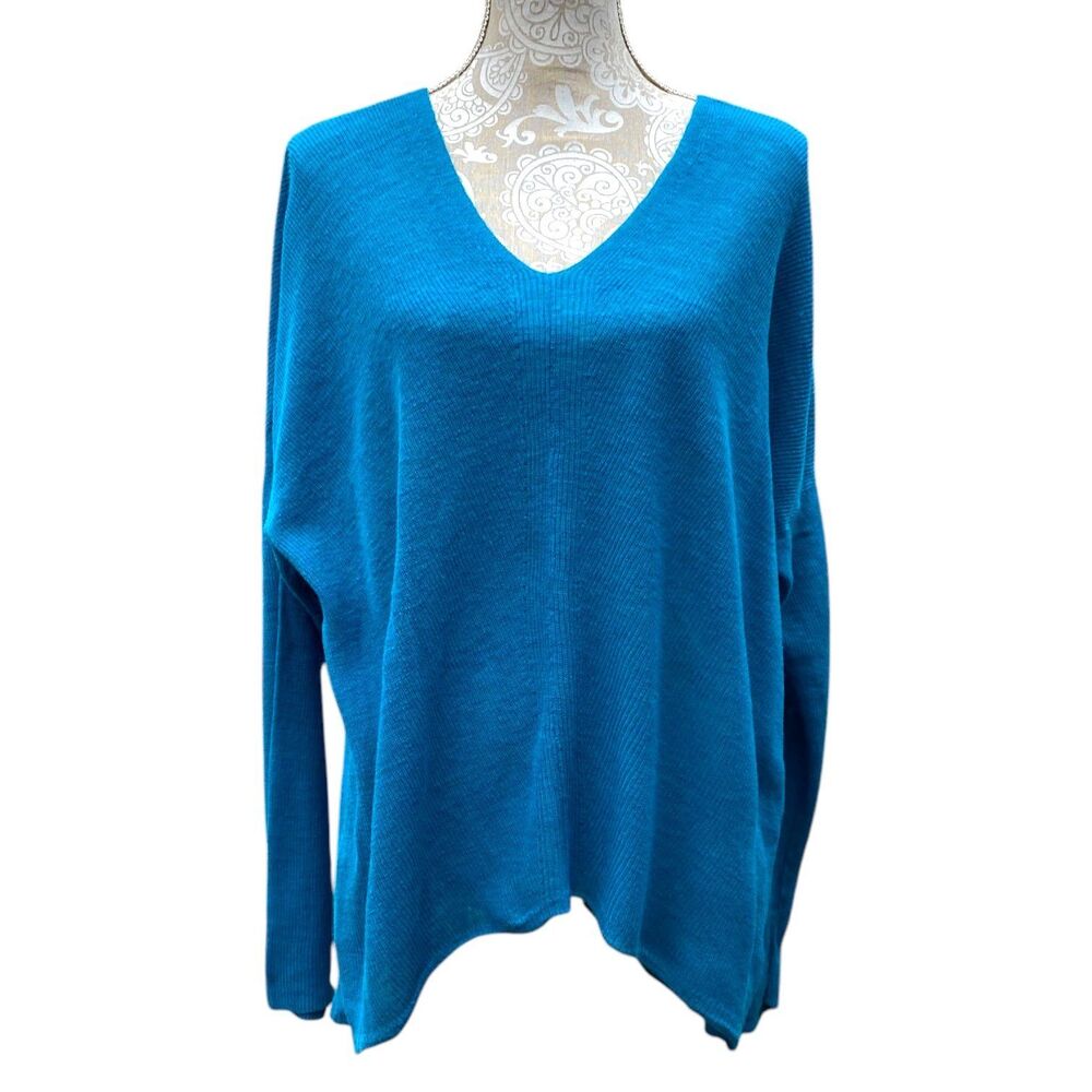 Eileen Fisher Organic linen blend V-neck teal blue thin sweater top lagenlook XL